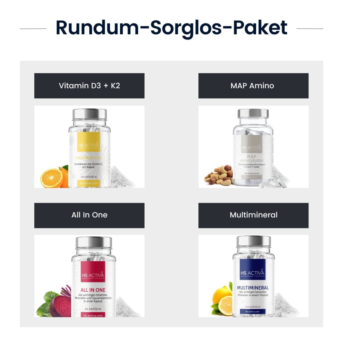 Rundum-sorglos-Paket (Vitamin D3+K2 + MAP Amino + All In One + Multimineral) - HS Activa