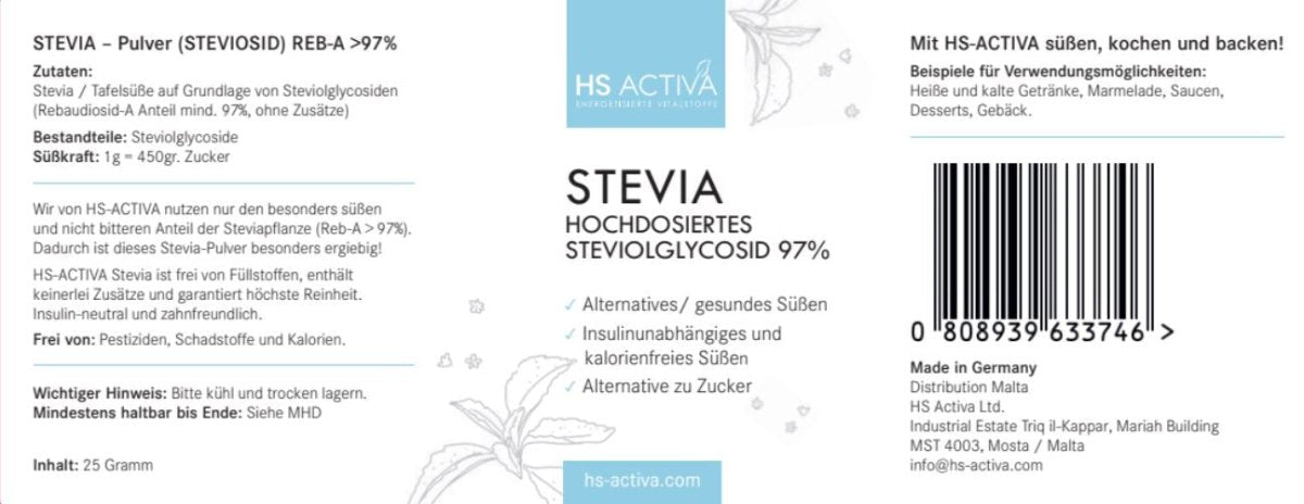 Stevia | Steviolglycosid 97% | Gesundes Süßen | Alternative zu Zucker | 25 Gramm - HS Activa