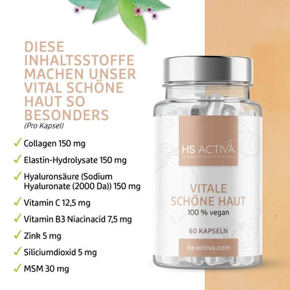 Inhaltsstoffe Vital Schöne Haut: Collagen, Elastin, Hyaluronsäure, Vitamin C, Niacin, Zink, Silicium und MSM je Kapsel