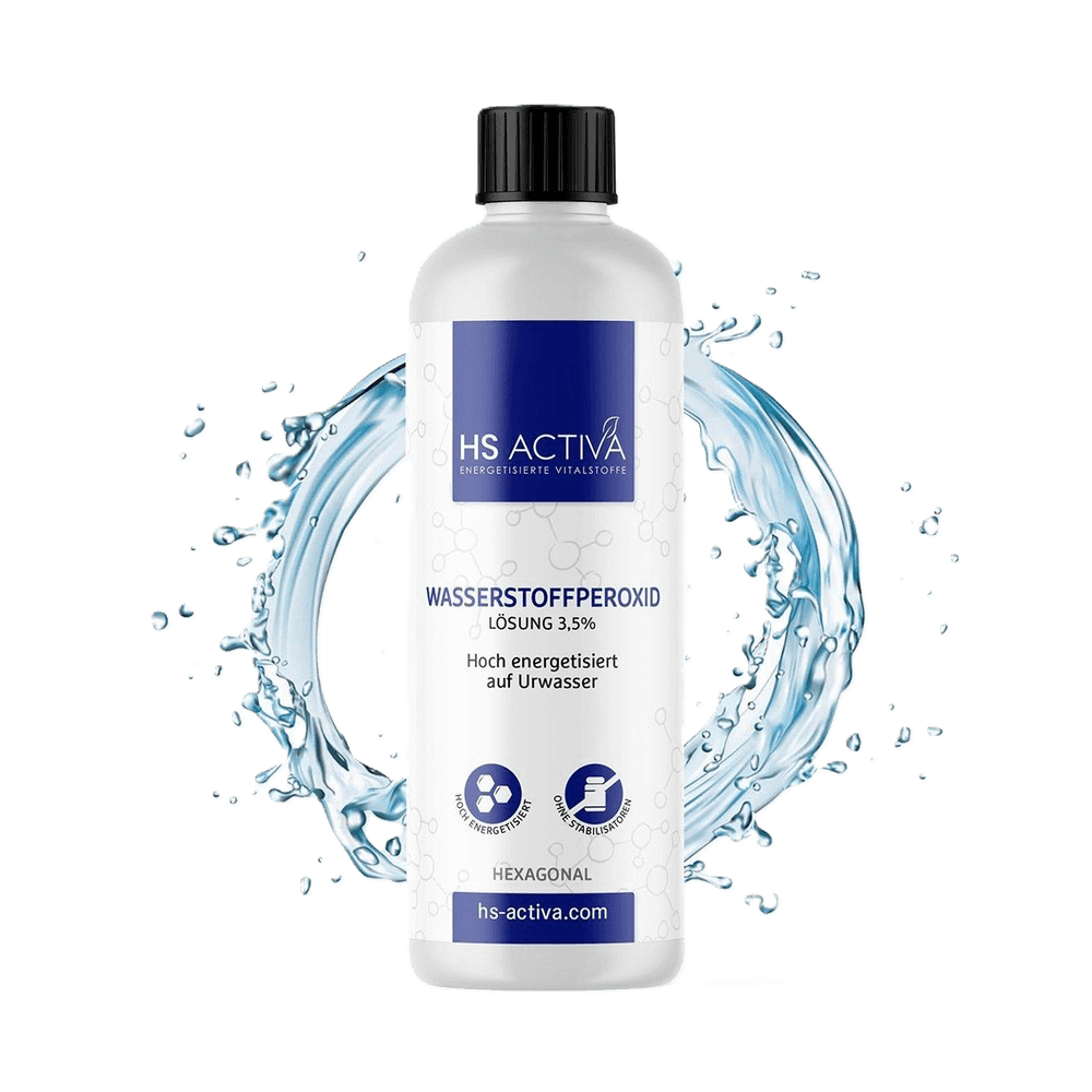 Product shot of HS ACTIVA 3.5% Hydrogen Peroxide solution against a background of swirling water featuring a hexagonal logo and text highlighting its high energization process on pristine water
