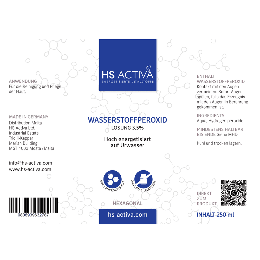 HS Activa product label featuring 3.5% hydrogen peroxide solution in blue and white with hexagonal design elements and a QR code.
