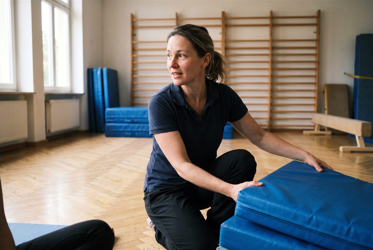 Physiotherapeutin im Kursraum, beim Wegräumen der Matten im Gespräch