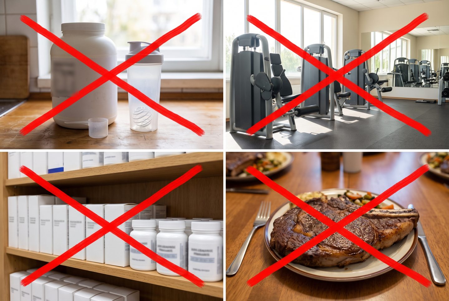 Eiweißpulver, Fitnessstudio, Drogerie-Regal und Fleischportion, alle vier rot durchgestrichen