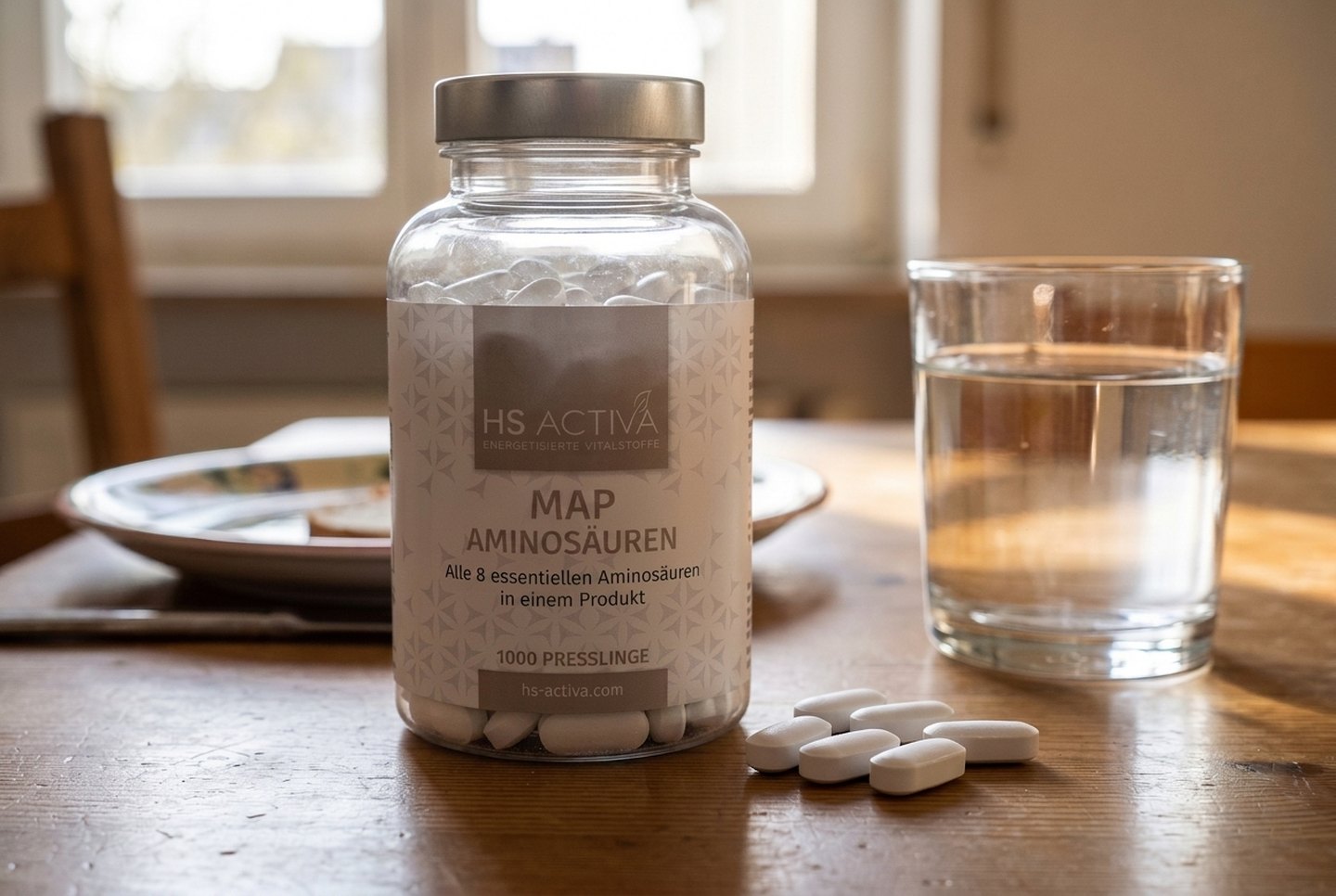 MAP-Dose auf dem Küchentisch, daneben Presslinge und ein Glas Wasser im Morgenlicht